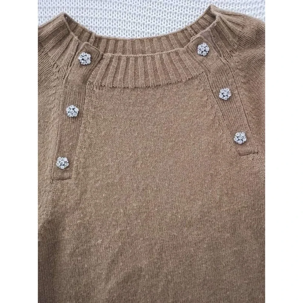 J.Crew Glam Crystal Button Camel Knit Sweater S/M Retro Minimalist - Picture 5 of 9